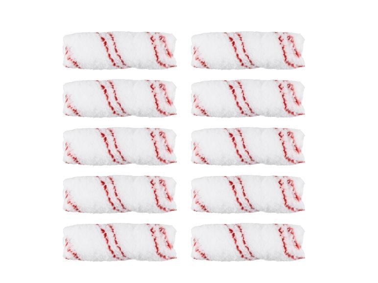 Zehn weiße Farbroller mit roten Streifen