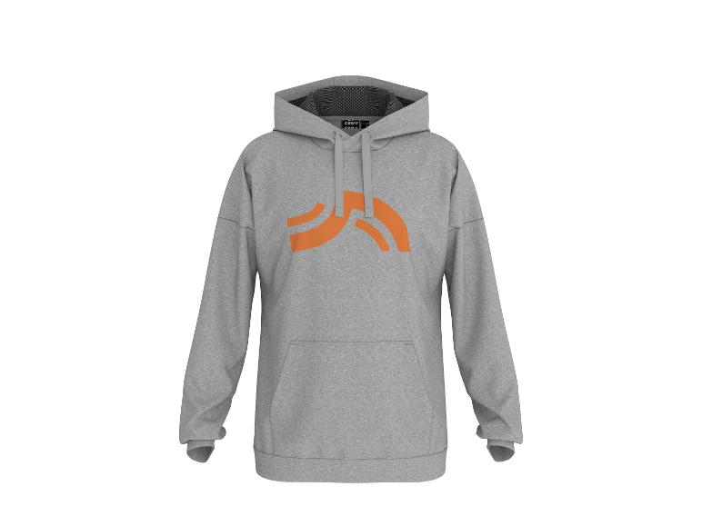 Grauer Kapuzenpullover mit orangefarbenem Logo auf der Vorderseite.