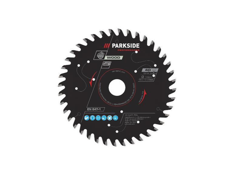 Ein Parkside Performance Kreissägeblatt für Holz, mit technischen Spezifikationen.