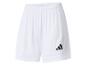 Weiße Adidas Sports Shorts mit schwarzem Logo am rechten Bein.