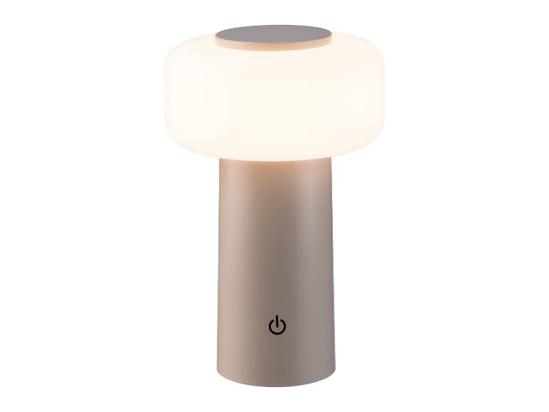 Tragbare Tischlampe mit beigem Sockel und weiß beleuchteter Oberseite.