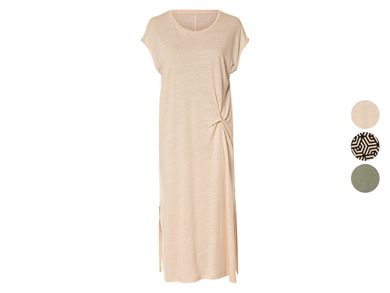 Beigefarbenes Leinenkleid mit kurzen Ärmeln und Seitenschlitzen.