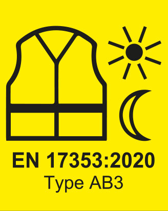 EN 17353:2020 Typ AB3 Kennzeichnung mit Weste, Sonne und Mond.