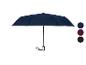 Blauer faltbarer Regenschirm mit schwarzem Griff und Farbmustern.