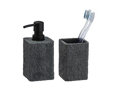 Wenko Seifenspender und Zahnputzbecher Villata, Grau, 2-teiliges Set