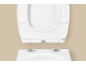 Weißer Toilettensitz mit geöffnetem Deckel, der Scharniere und Soft-Close-Mechanismus zeigt.
