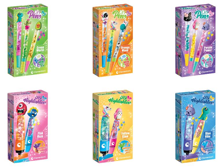 DIY-Stifte und Textmarker in verschiedenen Themen-Sets wie Green World, Orange Mood, Purple Power.