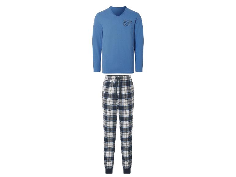Blauer und karierter Herrenpyjama mit 'Coffee Club Everyday' Motiv.