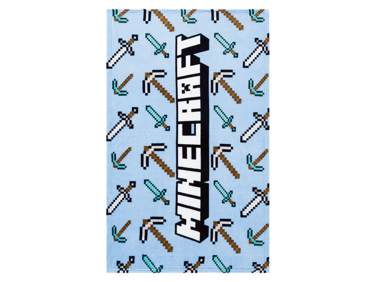 Eine blaue Minecraft-Decke mit Schwertern und Spitzhacken.