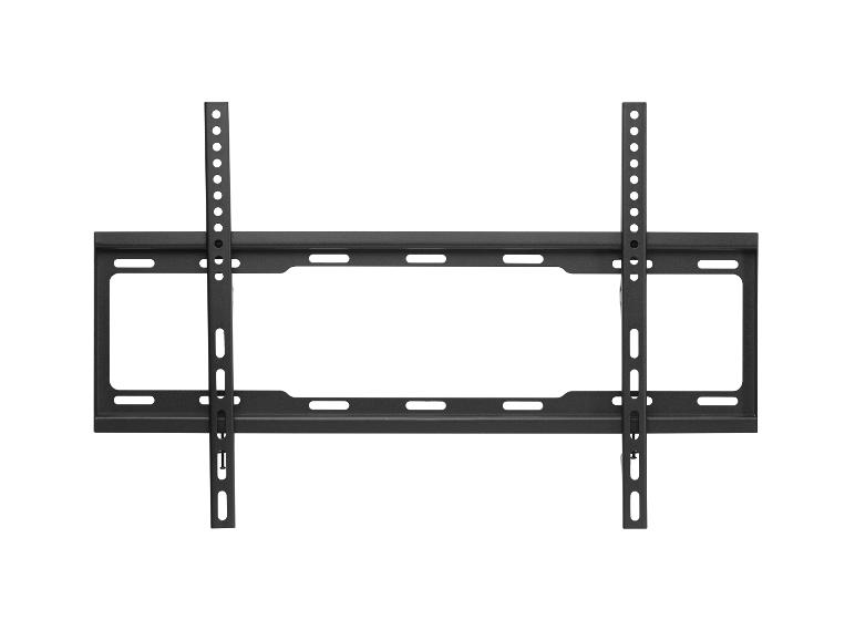 Schwarze TV-Wandhalterung mit verstellbaren Befestigungselementen auf weißem Hintergrund.