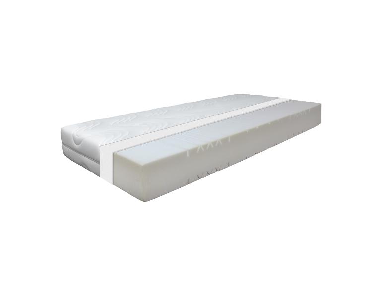Weiße Matratze mit Querschnitt, der die Füllschichten zeigt.
