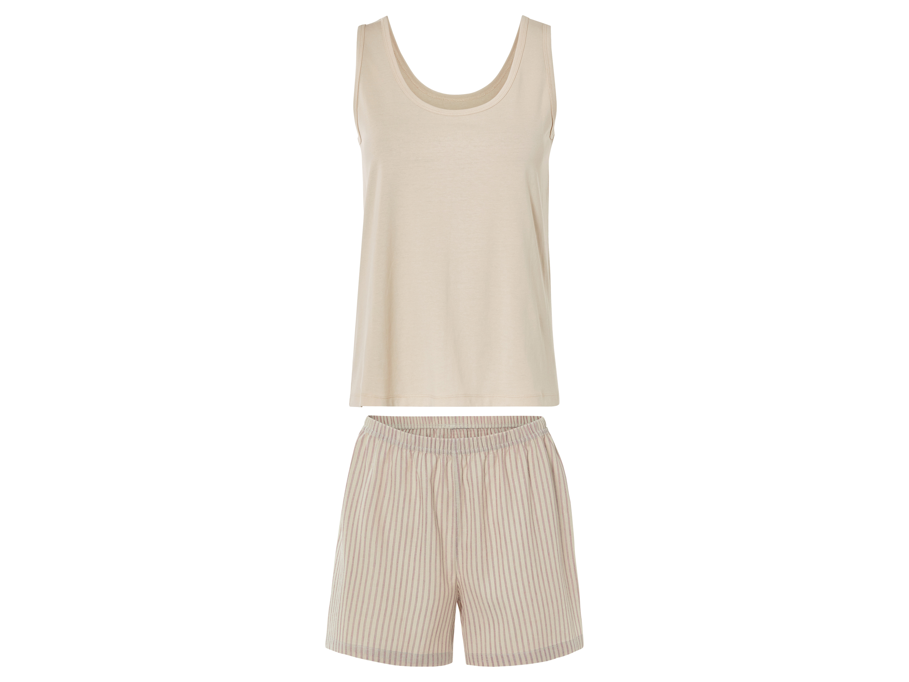 esmara® Damen Shorty Pyjama (Beige, XS(32/34))““ | Shorts mit bequemem Gummizugbund Produktmerkmale tabletd Farbe: beige, blau Muster: beige: gestreift blau: Blumen-Muster Detail: luftig-leichte Qualität durch Leinen und Viskose , breite Träger