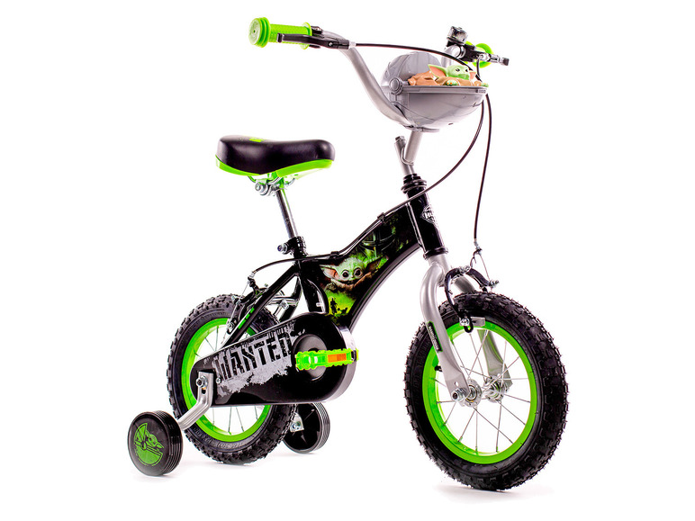 Ein schwarzes Kinderfahrrad mit grünen Akzenten und Star Wars-Motiv.