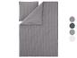 Graues gestreiftes Bettwäsche-Set mit Kissenbezug und Farbmustern.