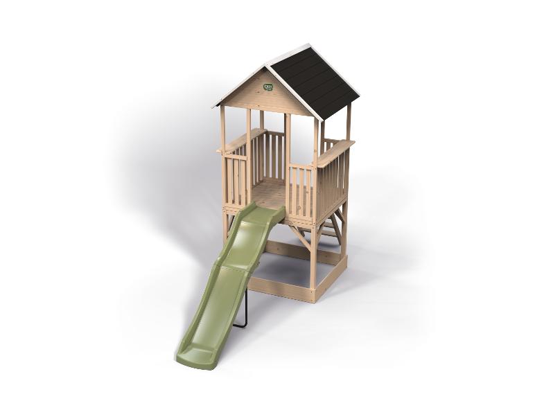 Hölzerner Spielturm mit grüner Rutsche für Kinder