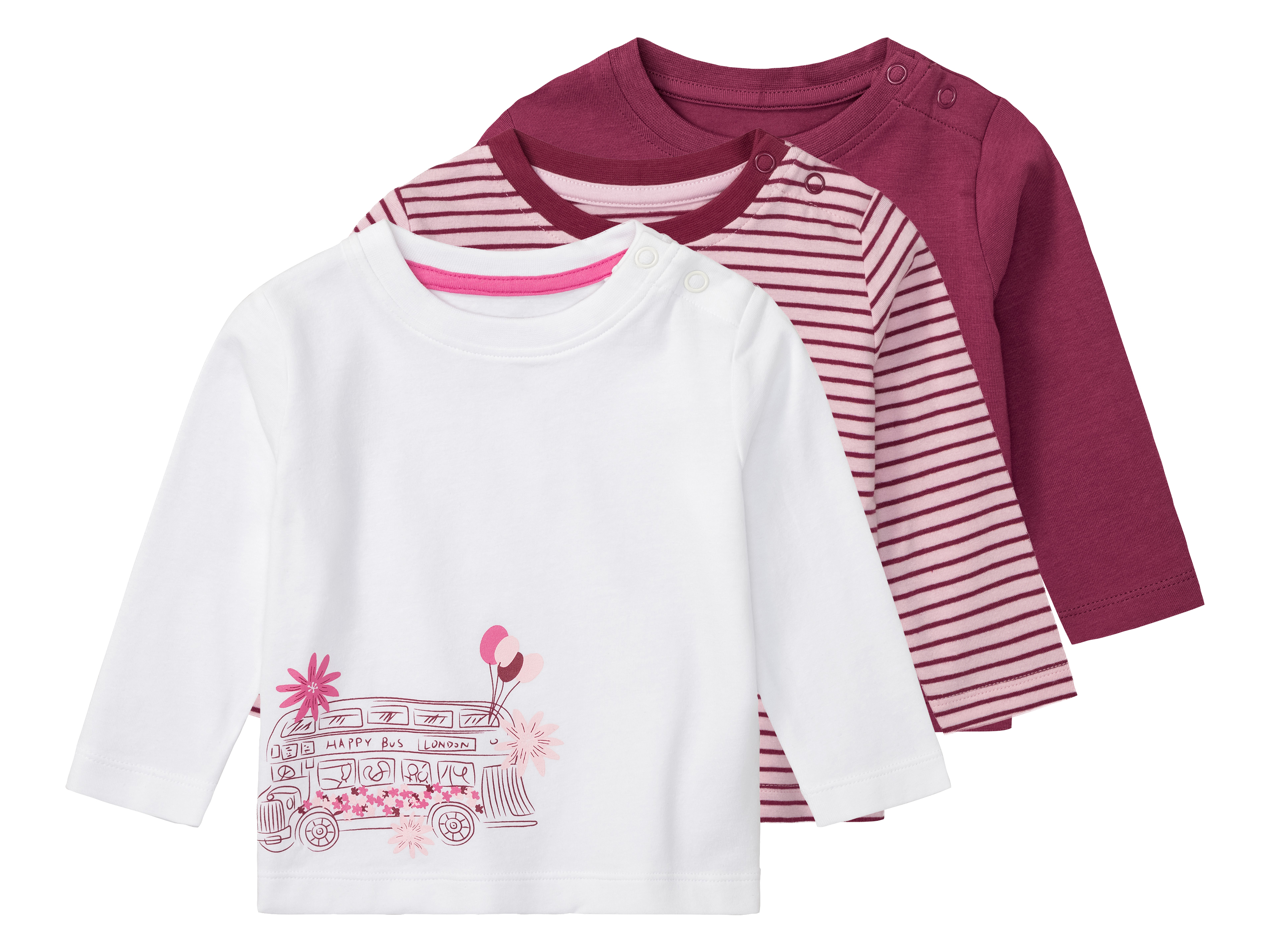 lupilu® Baby Langarmshirt, 3 Stück (62/68, bordeaux/weiß) | 04334036014677