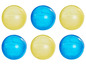Sechs blaue und gelbe Nerf Super Soaker Wasserbälle.