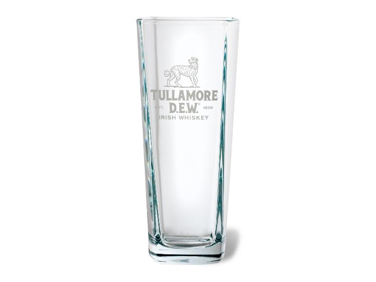 Transparentes Whiskyglas mit graviertem Logo und Hundemotiv.