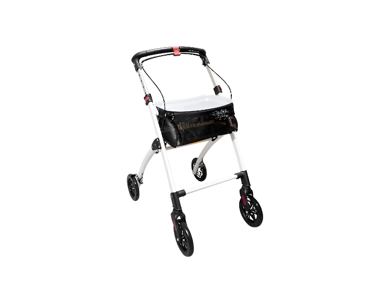 Weißer Rollator mit schwarzem Korb.