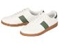 Weiße Sneaker mit grünen Streifen und brauner Sohle