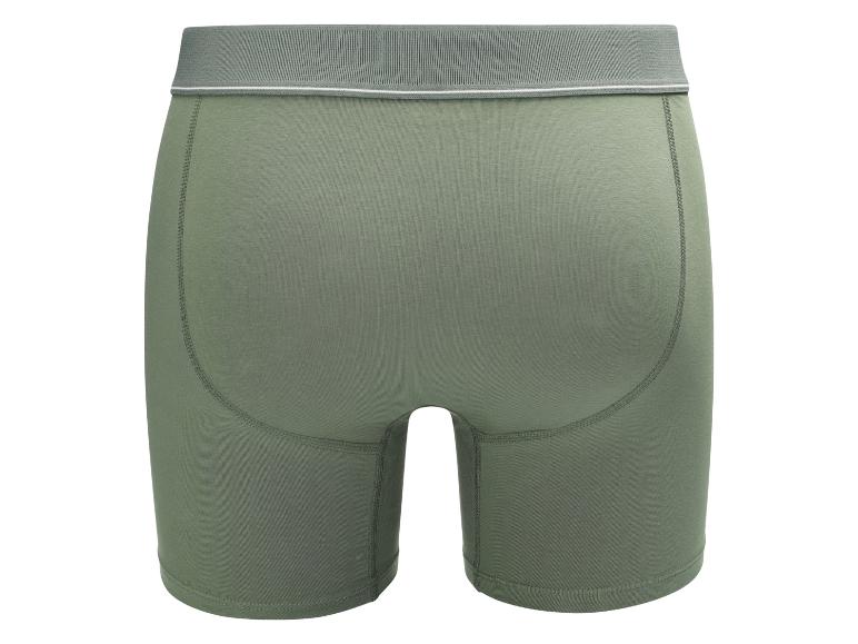 Grüne Herren-Boxershorts mit grauem Gummibund und sichtbaren Nähten.