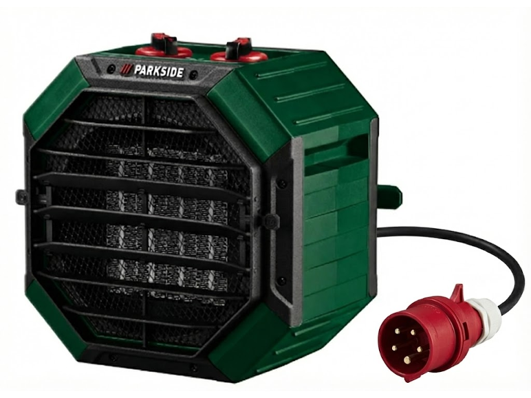 PARKSIDE Elektro-Heizlüfter mit rotem Industriestromstecker.