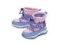 Rosa-blaue Kinder-Schneestiefel mit lila Schnürsenkeln und Schneeflockenmuster.