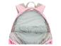 Rosa Rucksack mit grauen Punkten, geöffnet, zeigt hellgraues Interieur mit Taschen.