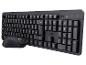 Schwarze kabellose Tastatur und Maus mit deutschem Tastaturlayout.