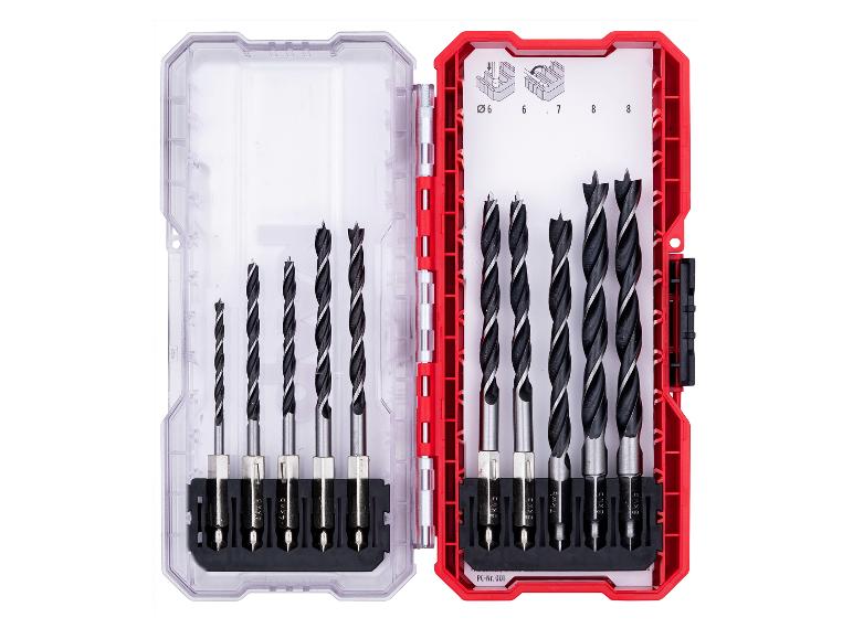 Holzbohrer-Set in roter und transparenter Box, mit Größen 6, 7 und 8 mm.