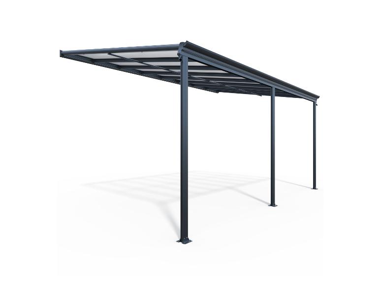 Dunkelgraues Metall-Carport oder Terrassenüberdachung mit transluzentem Dach auf weißem Hintergrund