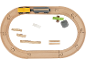 Hölzernes Spielzeug-Eisenbahnset mit ovaler Strecke, Zug und verschiedenen Holzklötzen.