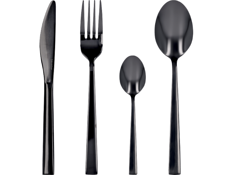 Schwarzes Besteckset mit Messer, Gabel, kleinem und großem Löffel auf schwarzem Hintergrund.