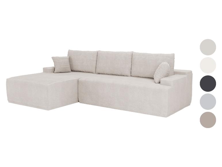 L-förmiges Cord-Modulsofa mit Kissen und Farbpalette.