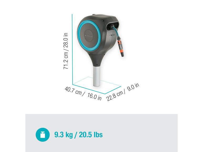 Gardena Gartenschlauchrolle mit Schlauch und Spritze.