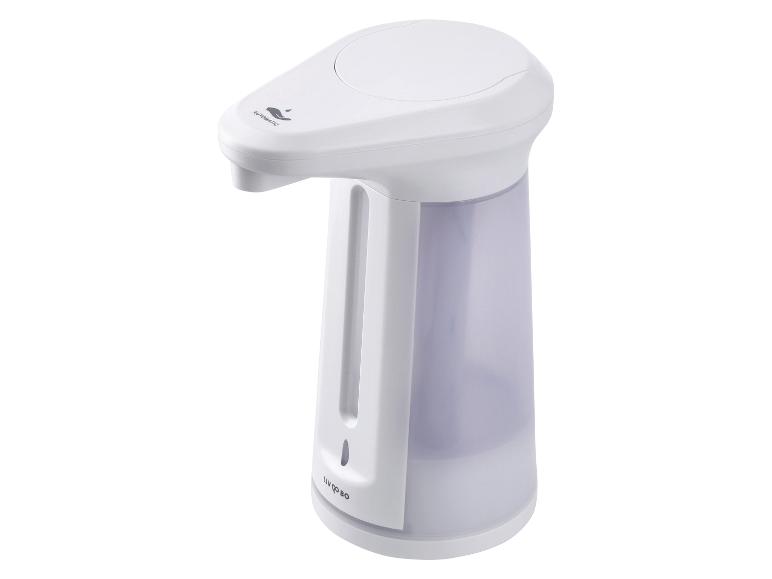 Weißer automatischer Seifenspender mit durchscheinendem Behälter.