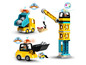 Lego Duplo Baufahrzeuge, darunter ein Kran, ein LKW und ein Bagger.