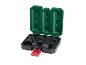 Ein grünes und schwarzes Steckschlüsselsatz mit verschiedenen Größen in einem offenen Koffer.