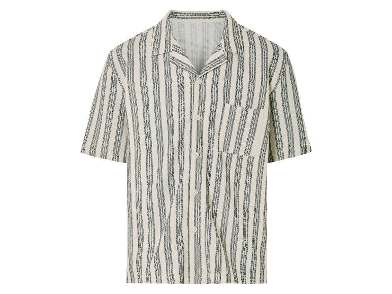 Beige-dunkelblau gestreiftes Kurzarmhemd.