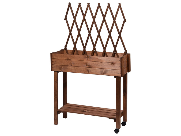 Holz-Pflanzkasten mit Gitter und Rollen.
