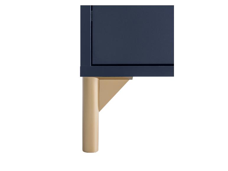 Dunkelblauer Schrank mit goldfarbenem Bein und Stütze, vor weißem Hintergrund.