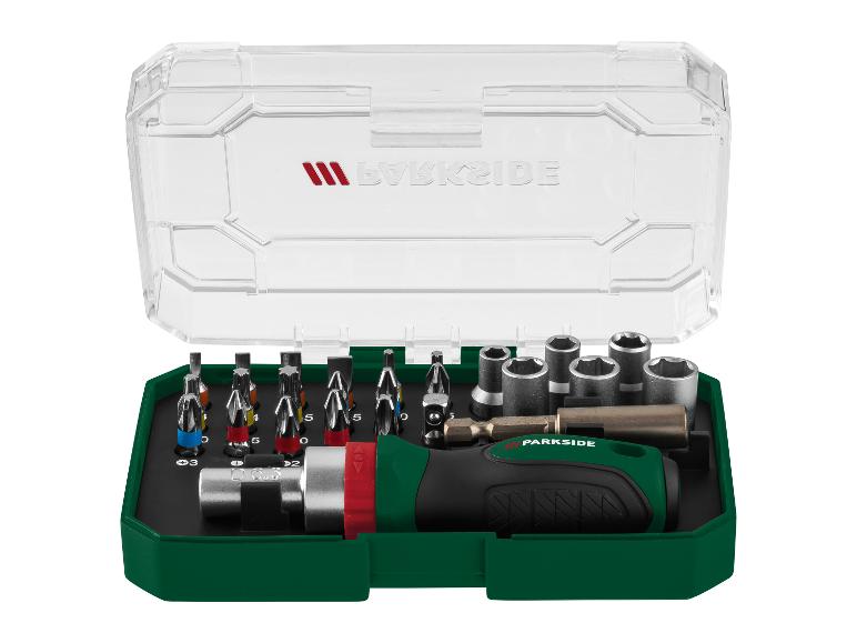 Parkside Werkzeugset: Schraubendreher, Steckschlüssel und Bits.