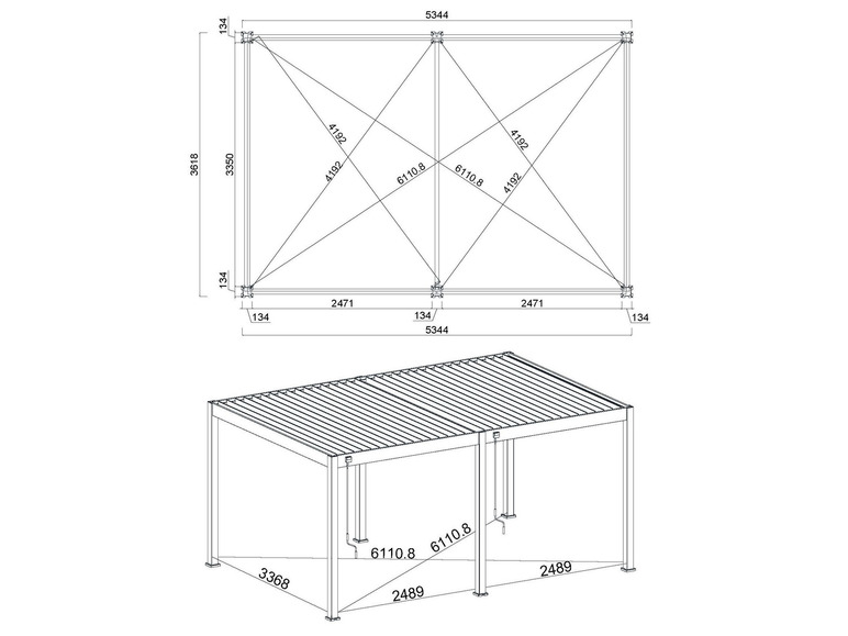 Technische Zeichnung einer Pergola mit Maßen.