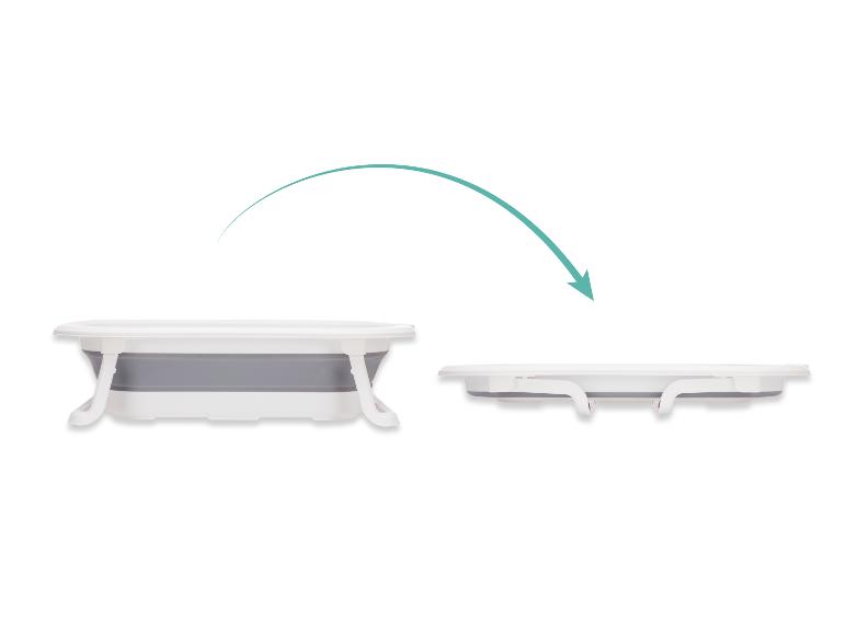 Eine faltbare Babybadewanne, ausgeklappt und zusammengeklappt dargestellt, mit einem Pfeil, der das Zusammenklappen anzeigt.