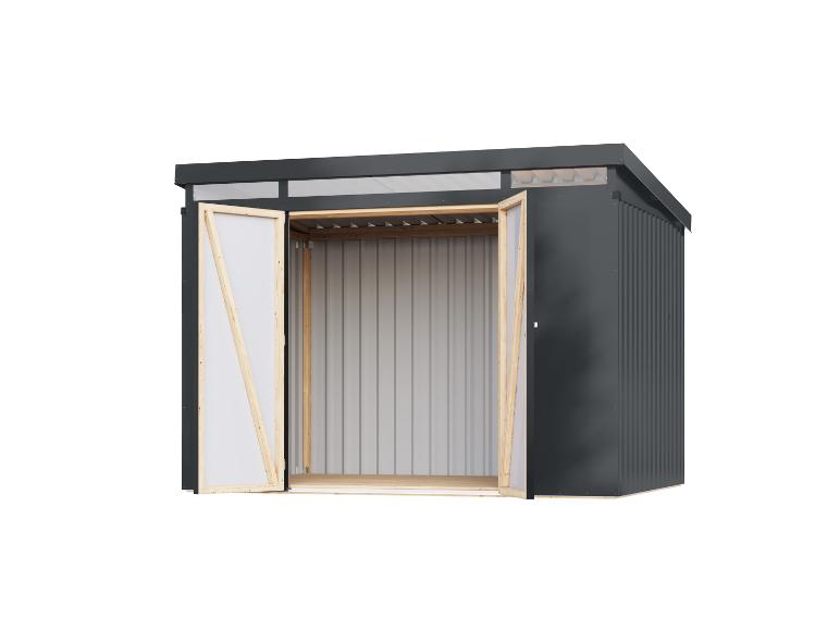 Dunkelgrauer Metall-Gartenschuppen mit offenen Holztüren und schrägem Dach.