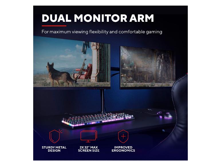 Doppelter Monitorarm für Gaming, mit Tastatur und Maus, für Flexibilität und Ergonomie.