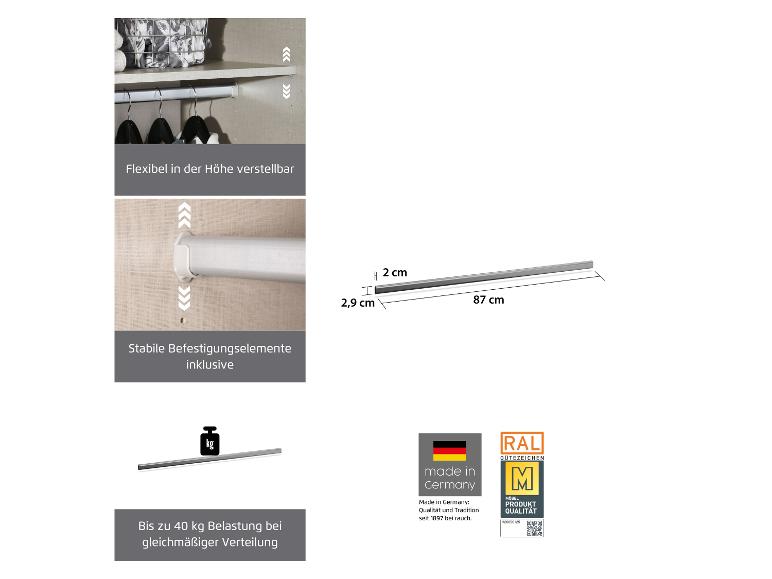 Flexible Kleiderstange mit Befestigungselementen, höhenverstellbar, 87 cm lang und bis zu 40 kg belastbar.