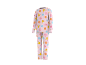 Rosa Kinderpyjama mit einem bunten Muster aus Zeichentrickfiguren.