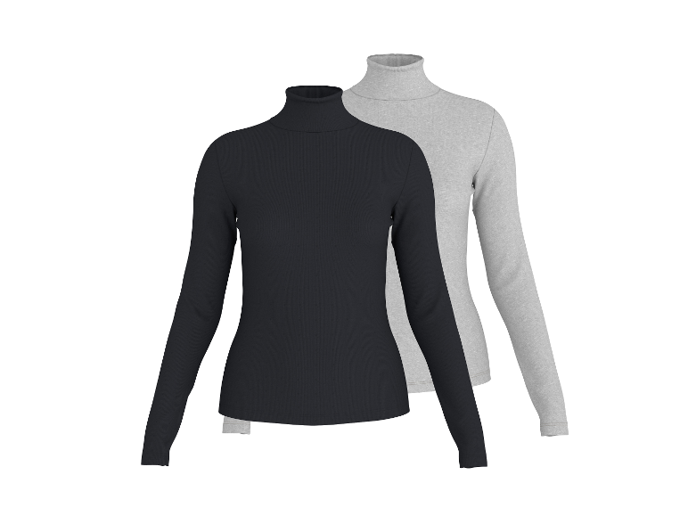 Zwei Damen-Rollkragenpullover mit langen Ärmeln, einer schwarz gerippt und einer grau unifarben.