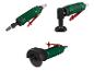 Drei grüne Parkside Druckluftschleifer mit verschiedenen Zubehörteilen.